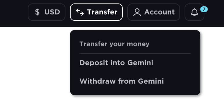 Deposit crypto on Gemini